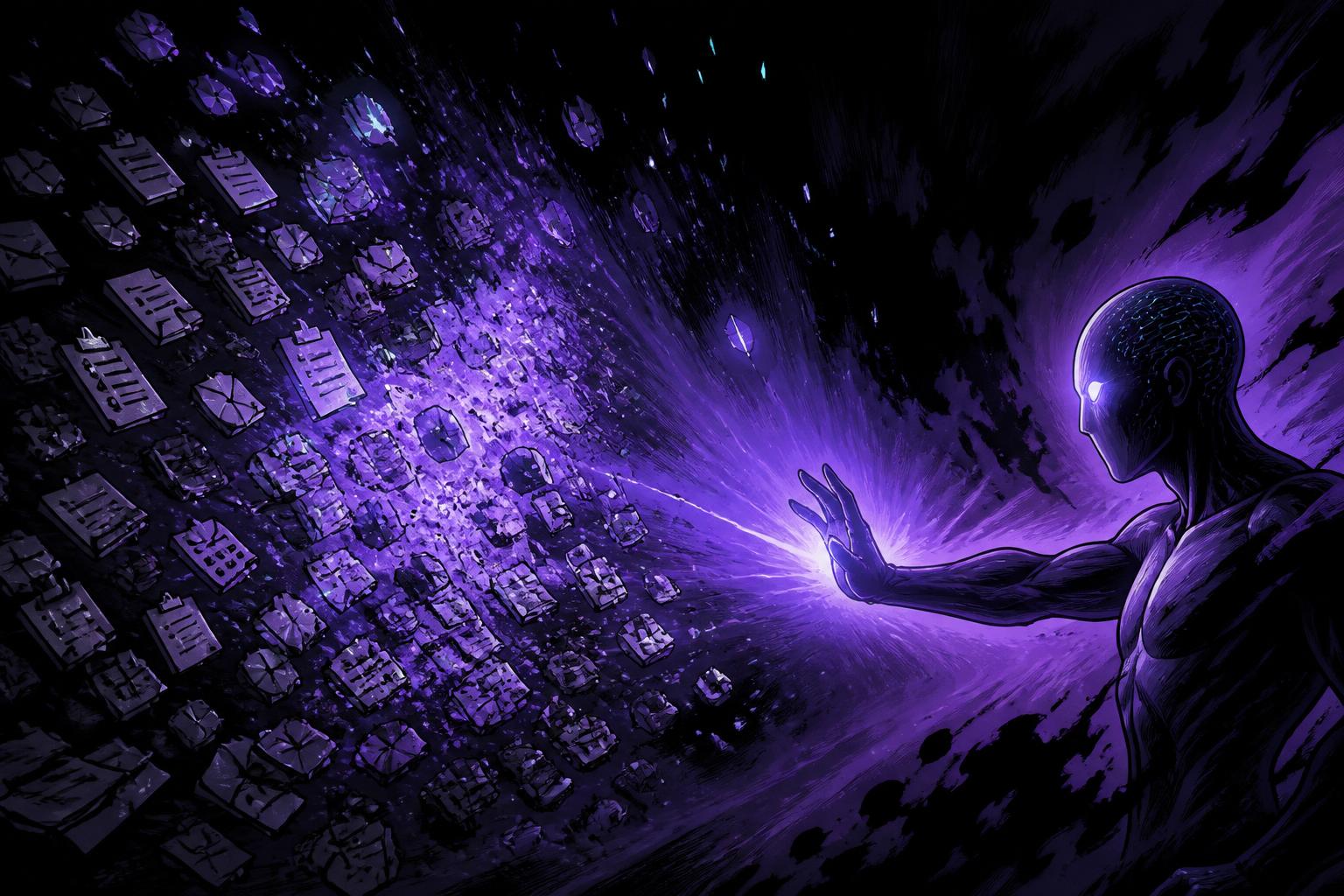 Purple AI energy disintegrating hundreds of repetitive task icons
