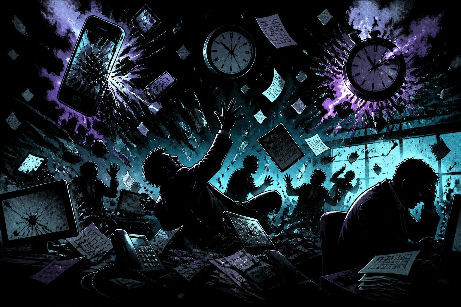 Comic illustration of exploding phones, flying invoices and panicked workers