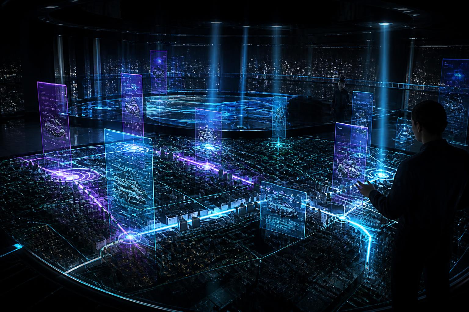 Holographic dispatch board with floating tickets and glowing routes over a night city