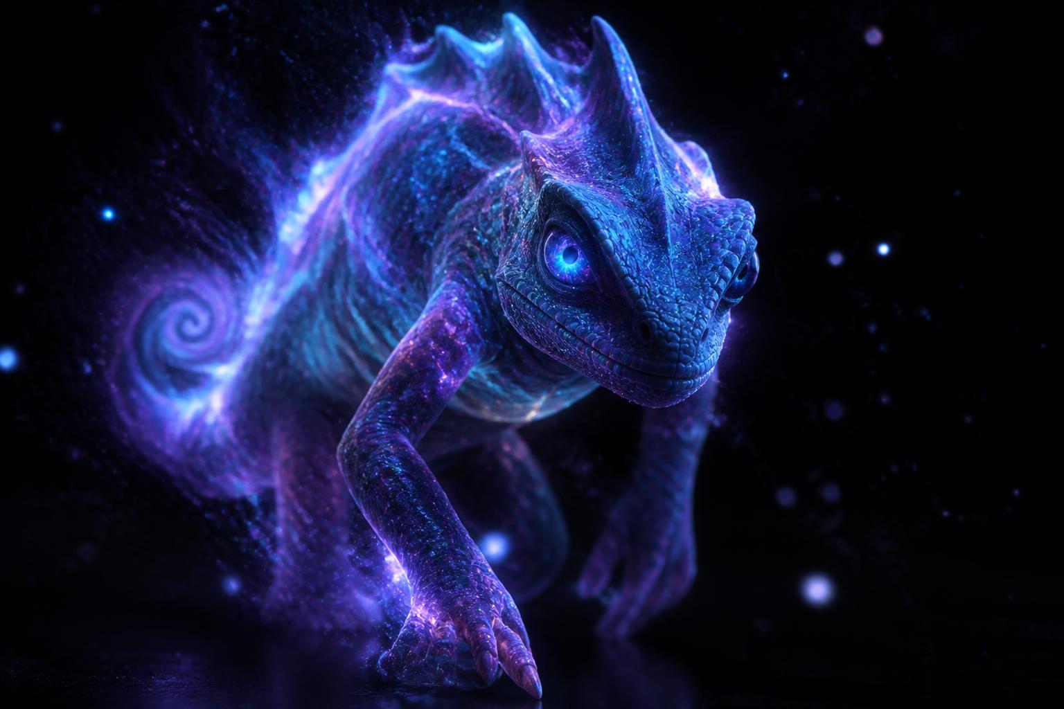 The Chameleon guardian walking slowly toward the viewer through a quiet starfield