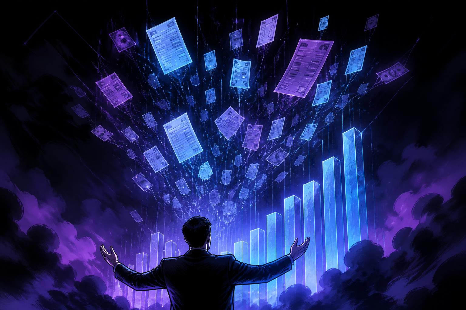 Glowing invoices and currency rising upward with ascending charts