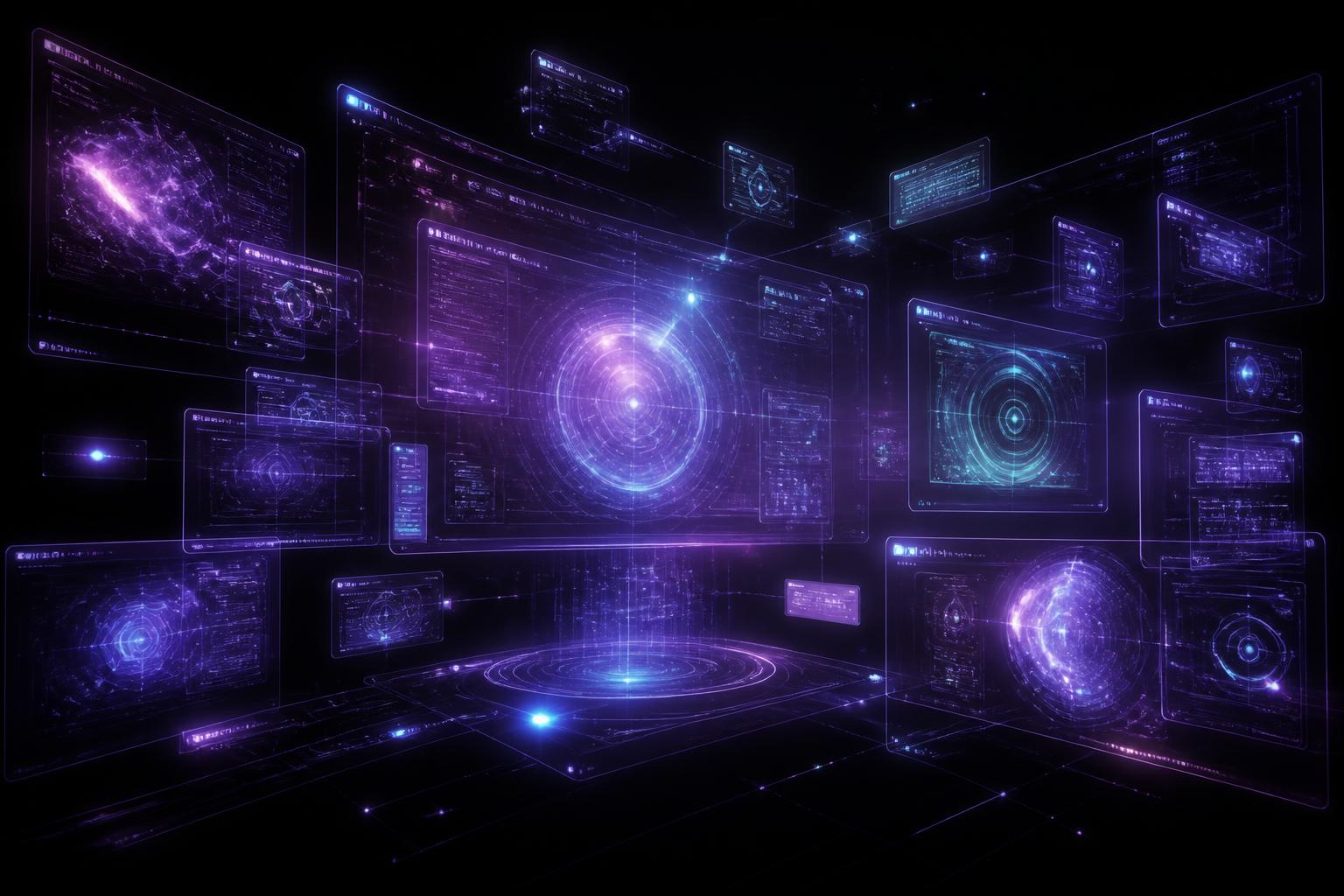Futuristic holographic operating system with layered floating windows